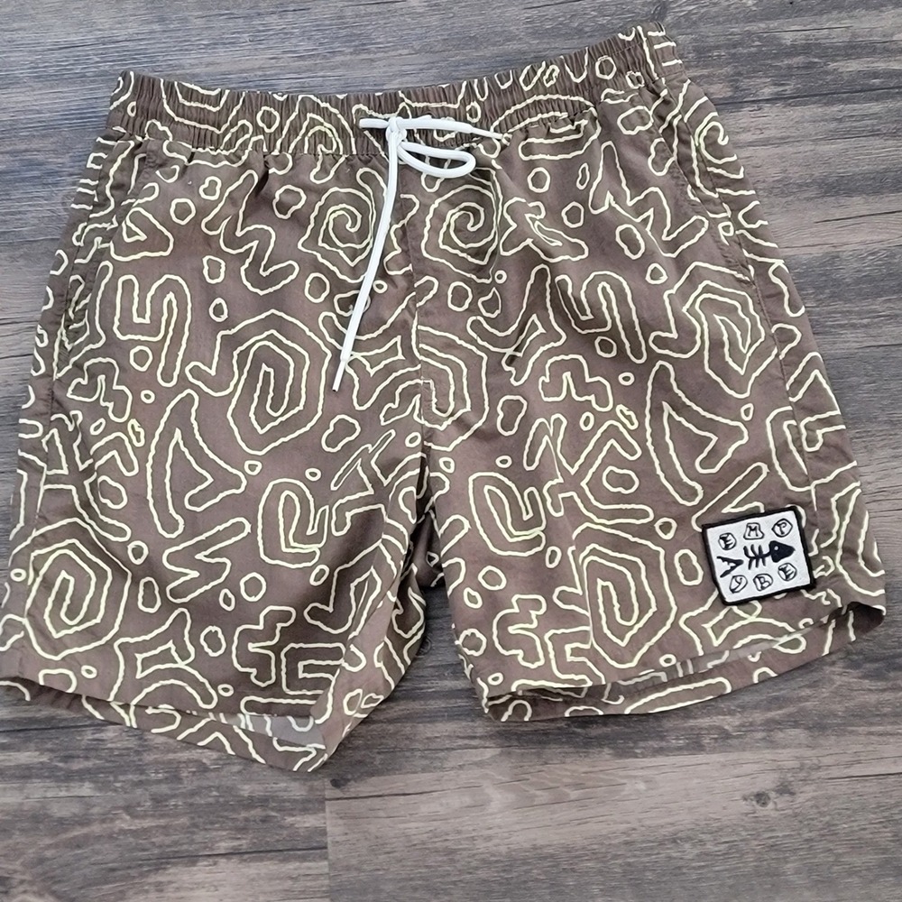 Empyre Mens Brown Green Abstract Swirl Print Swim Trunks Board Shorts Small